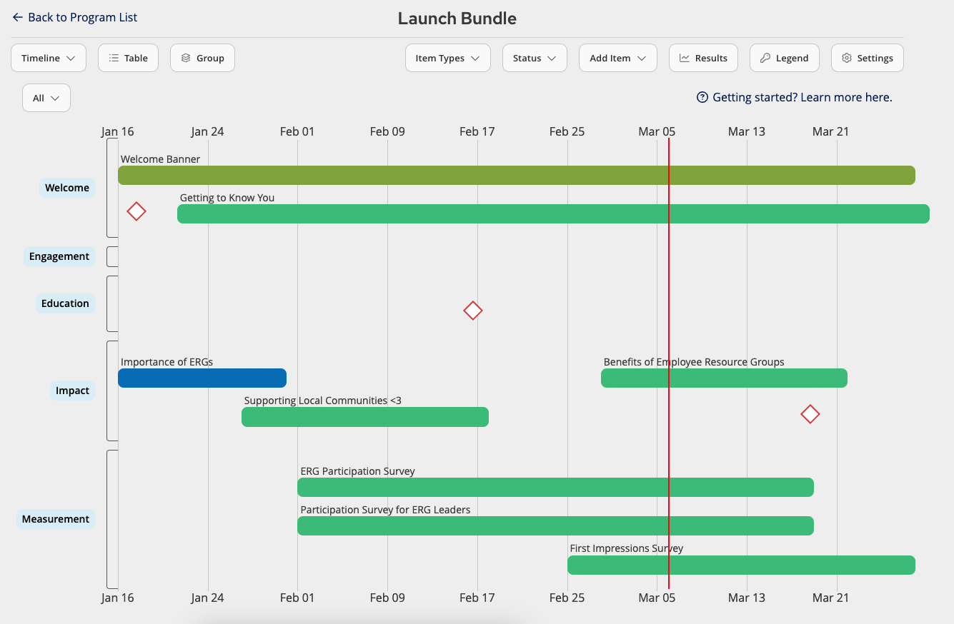 Screenshot of a Program Calendar built out in the Employee Groups tool.