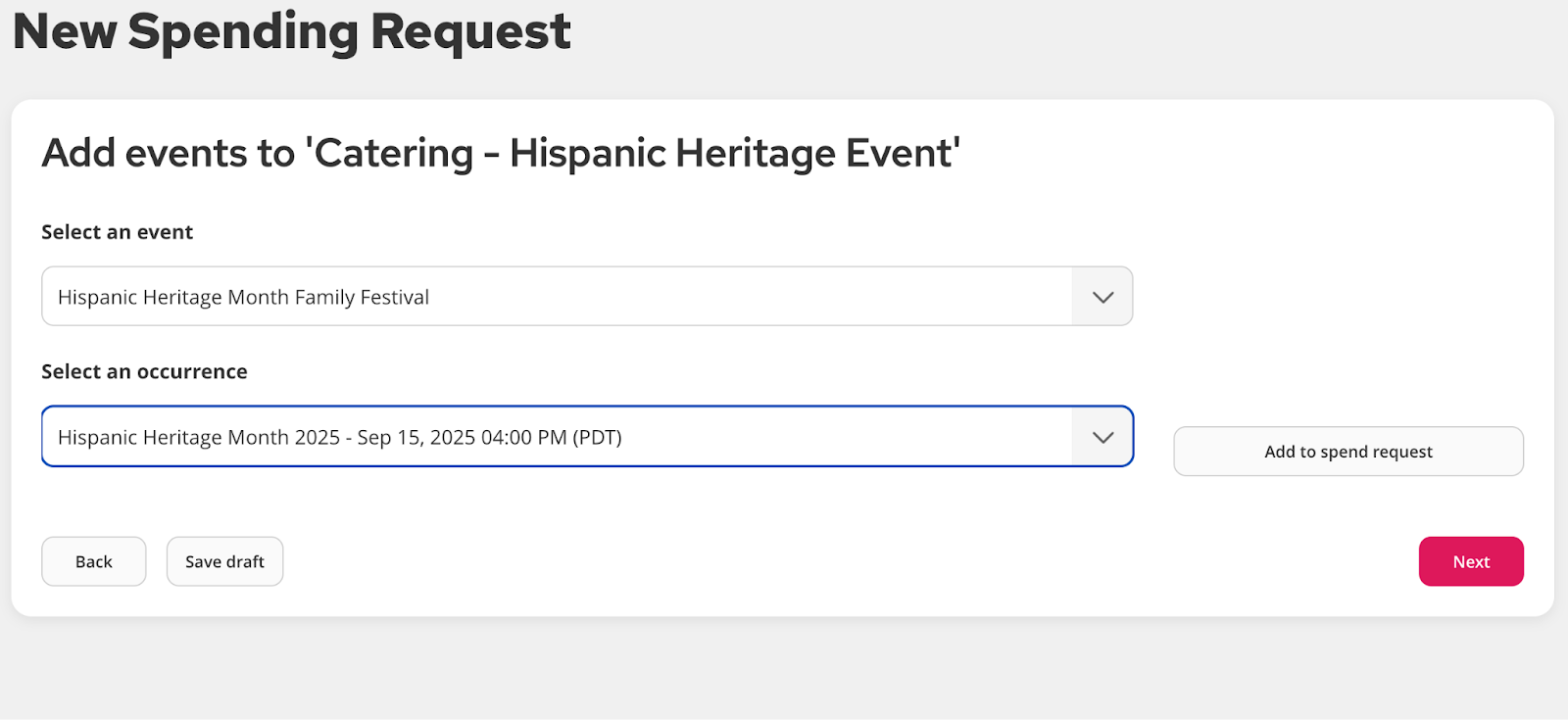 Screenshot of an event with an associated spending request in the Employee Groups site.