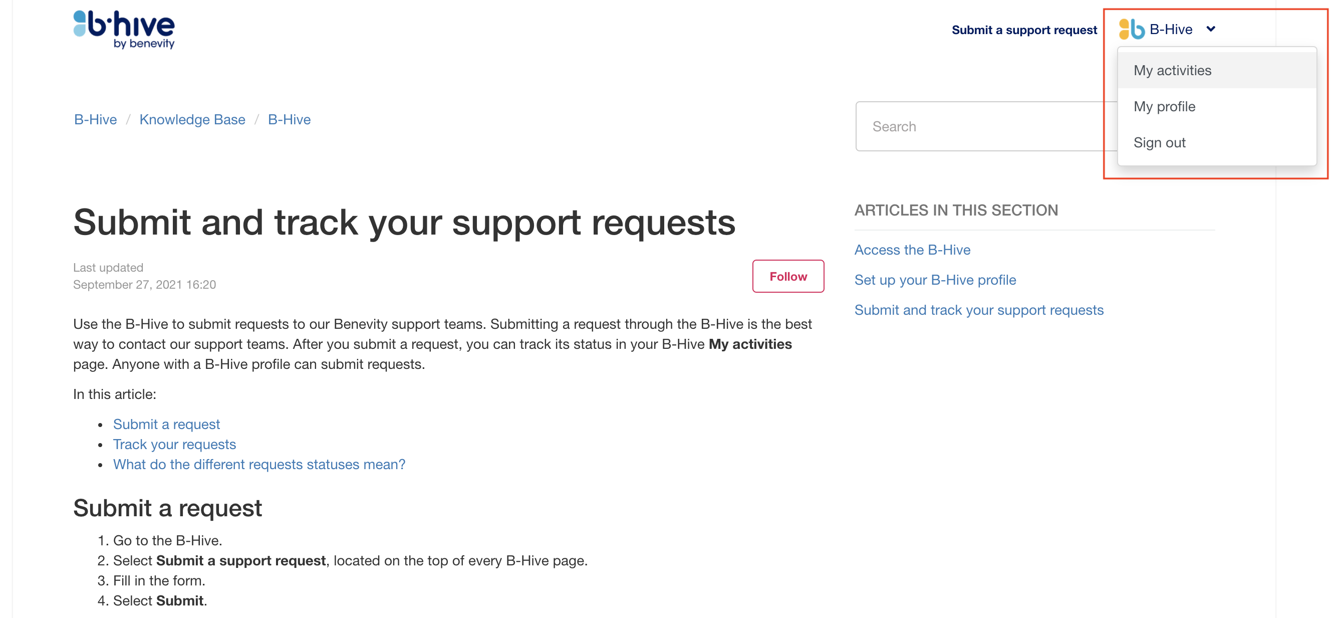 Submitting and tracking support requests BHive