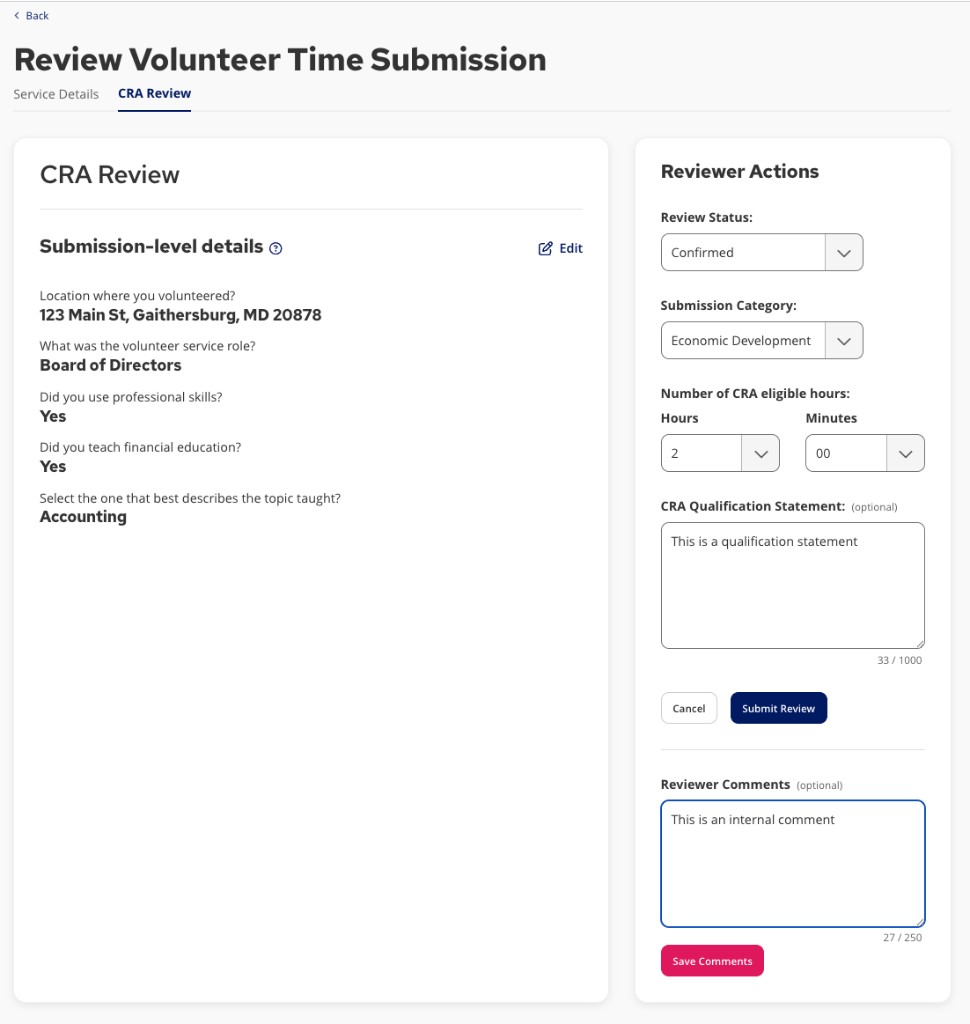 Community Impact Review tab showing Reviewer Actions fields in edit mode