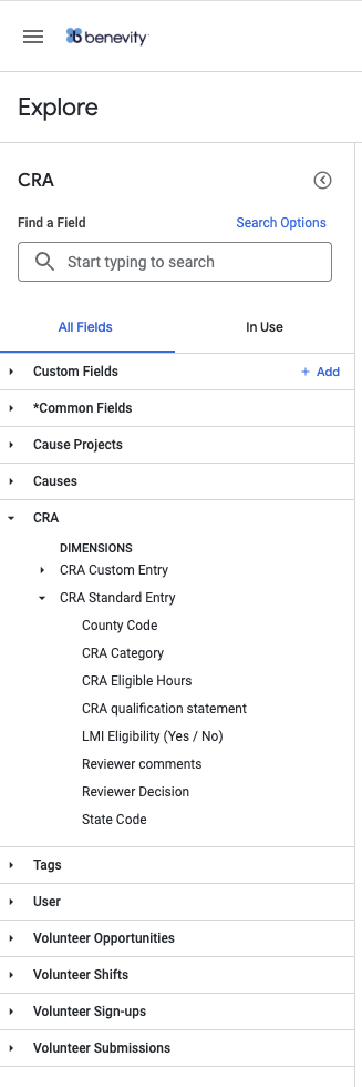 CRA Explore field list showing the CRA dimension expanded with standard and custom entry fields