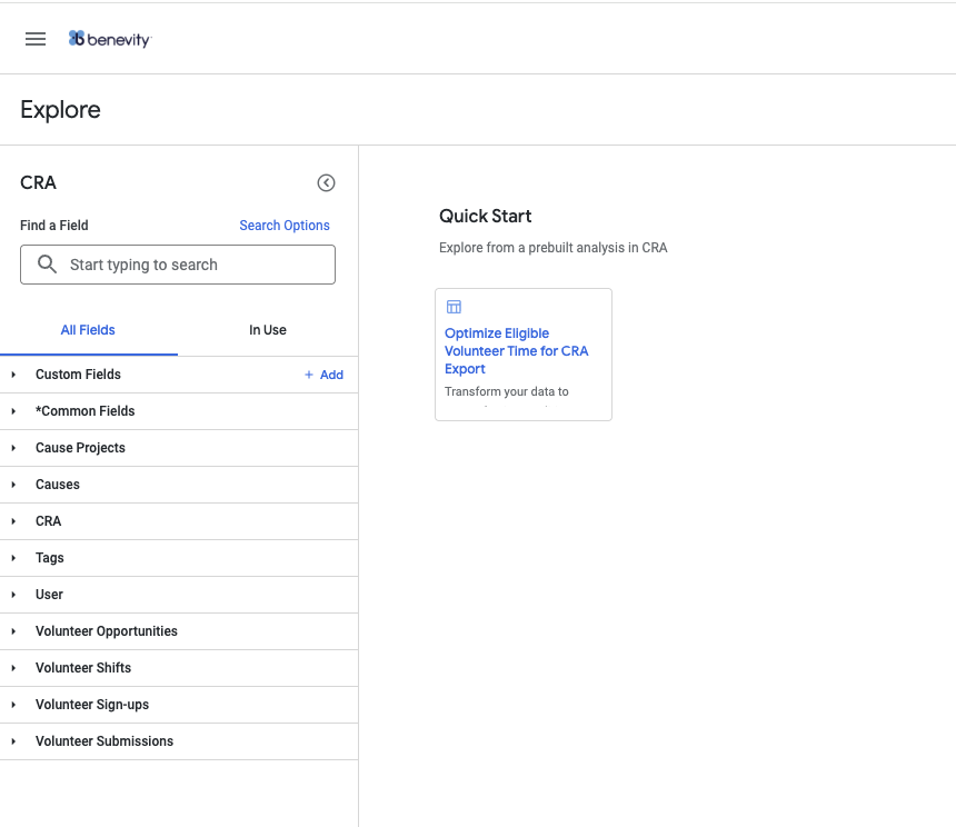 CRA Explore landing page showing field groups and the Optimize Eligible Volunteer Time for CRA Export QuickStart