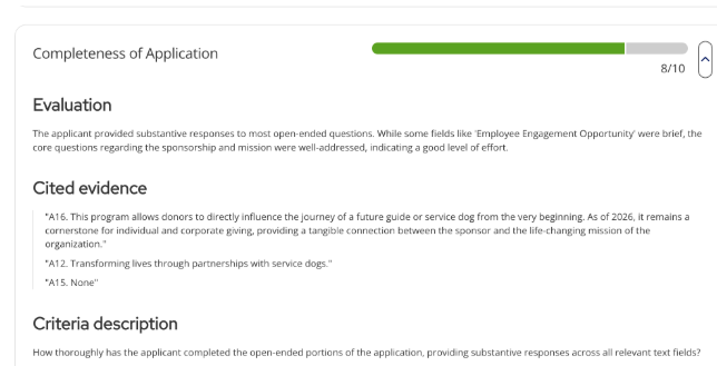 Expanded criterion showing the Evaluation summary, Cited evidence from the application, and the Criteria description