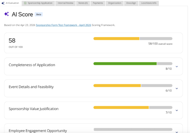 AI Score overview showing an overall score of 58 out of 100, with individual criteria scores listed below