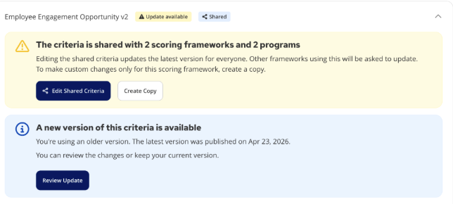Criterion showing an Update available badge and a prompt to review the new version or keep the current one